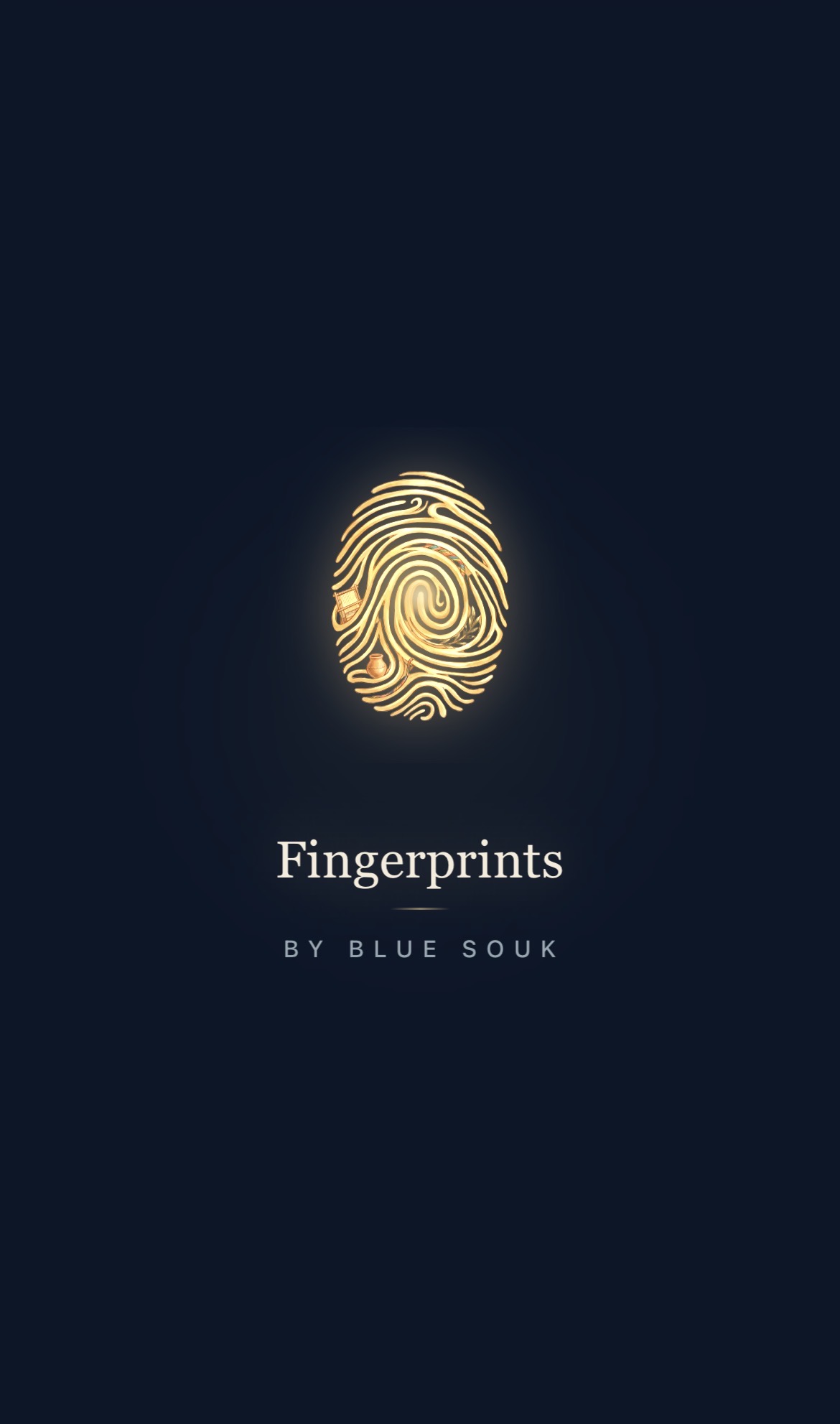 Fingerprints by Blue Souk — a phone showing a glowing golden fingerprint mark above the app's name, the digital provenance prototype