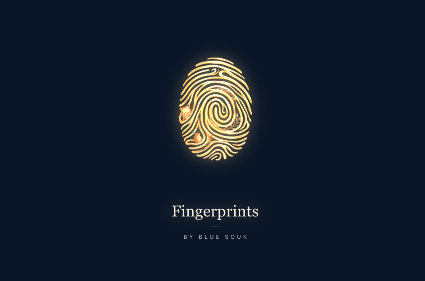Fingerprints by Blue Souk — glowing golden fingerprint mark on a deep midnight blue background, with the wordmark 'Fingerprints' and 'BY BLUE SOUK' beneath